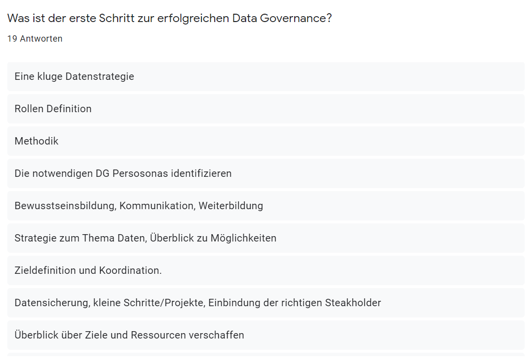 Was ist der erste Schritt zur erfolgreichen Data Governance? Ausschnitt der Antworten der Teilnehmenden